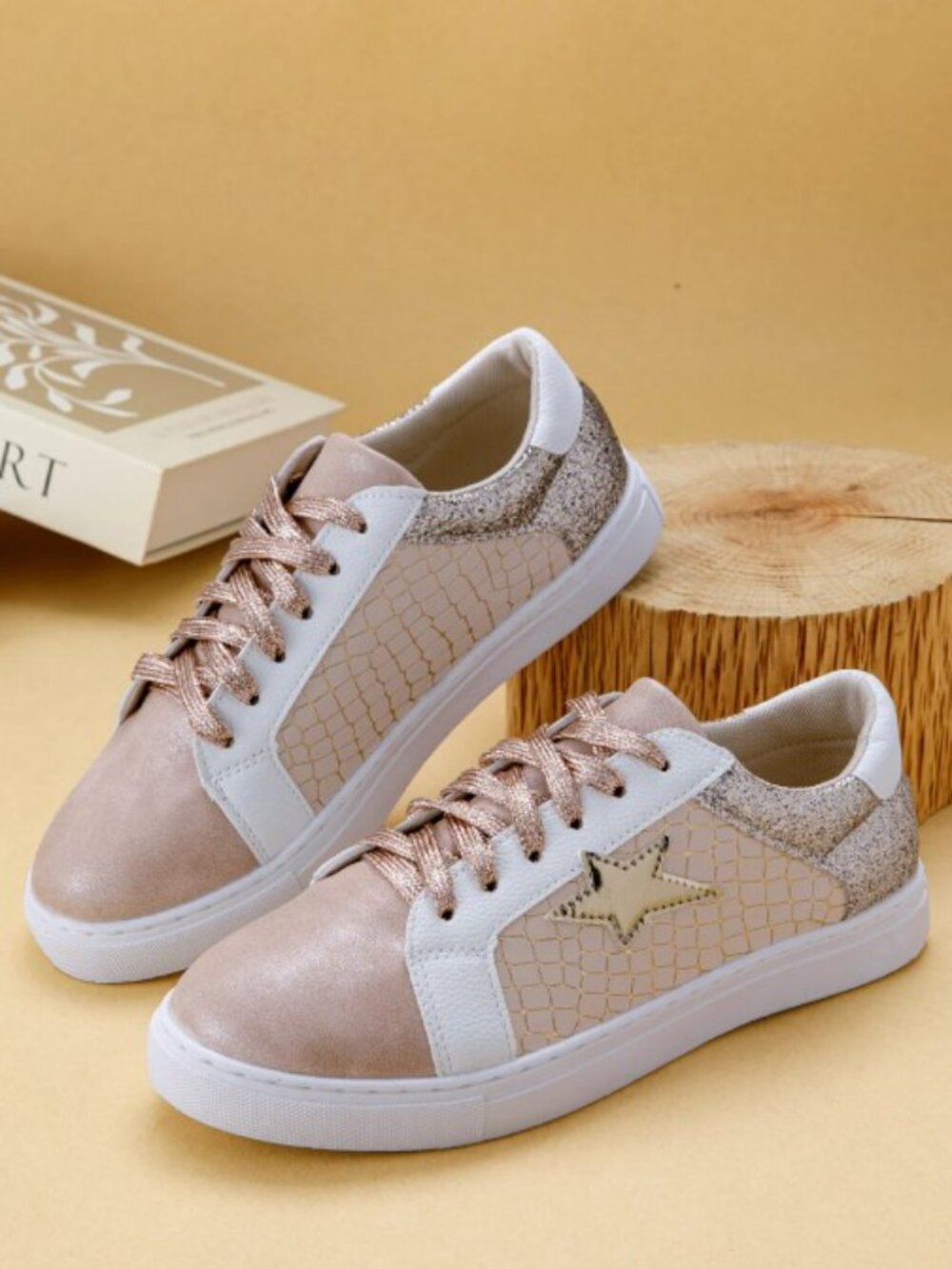 Gold Glitter Star Patchwork Leather Lace-Up Sneakers - Picture 4 of 16